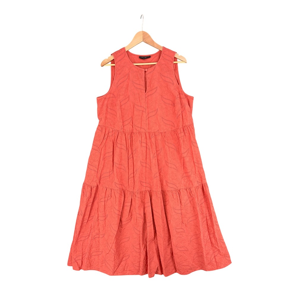Lane Bryant Coral Orange Cotton Eyelet Tiered Midi Dress Size 14 Sleeveless Boho